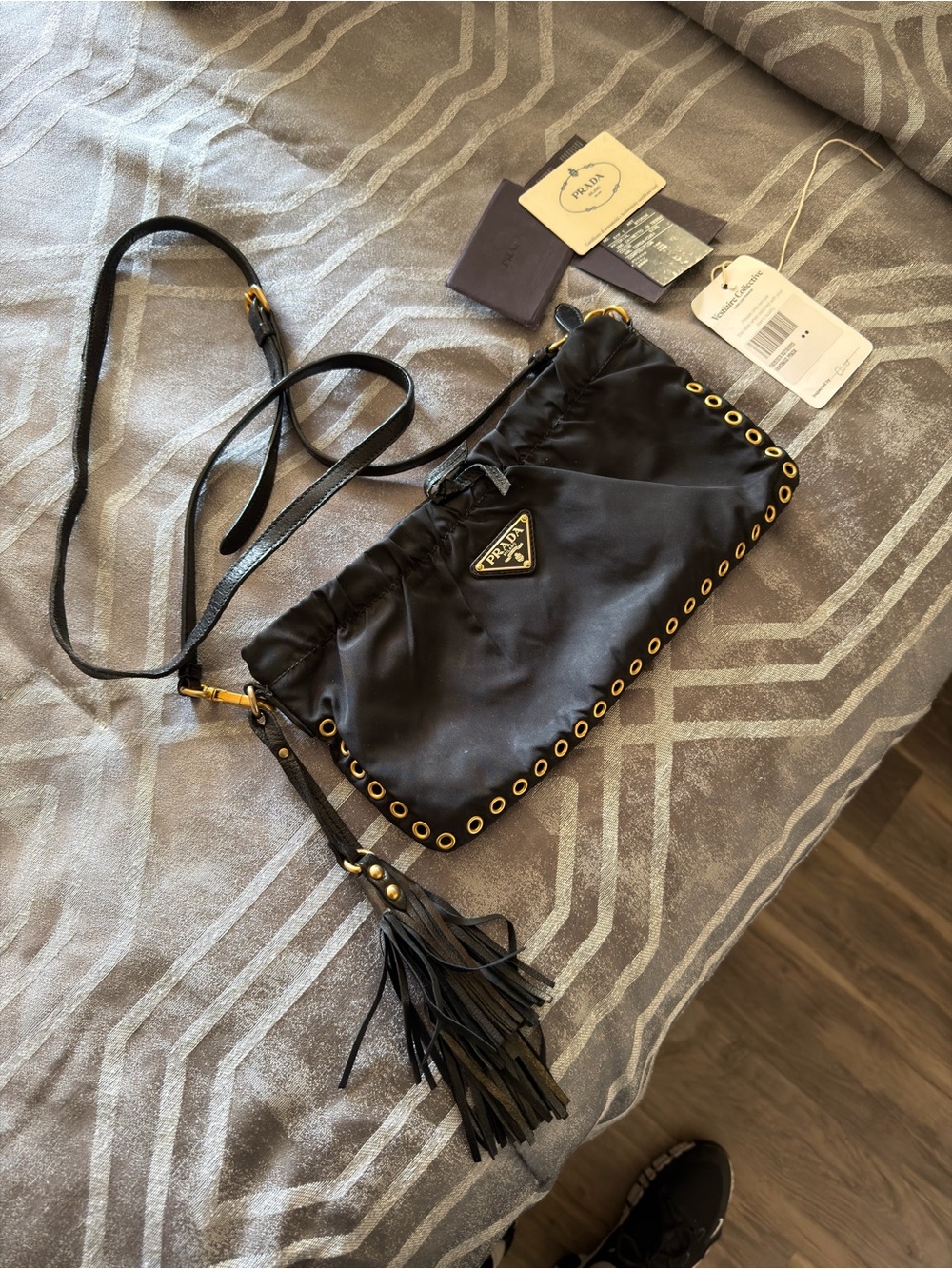 100% Authentic Prada Black Grommet-Trim Nylon Crossbody Bag